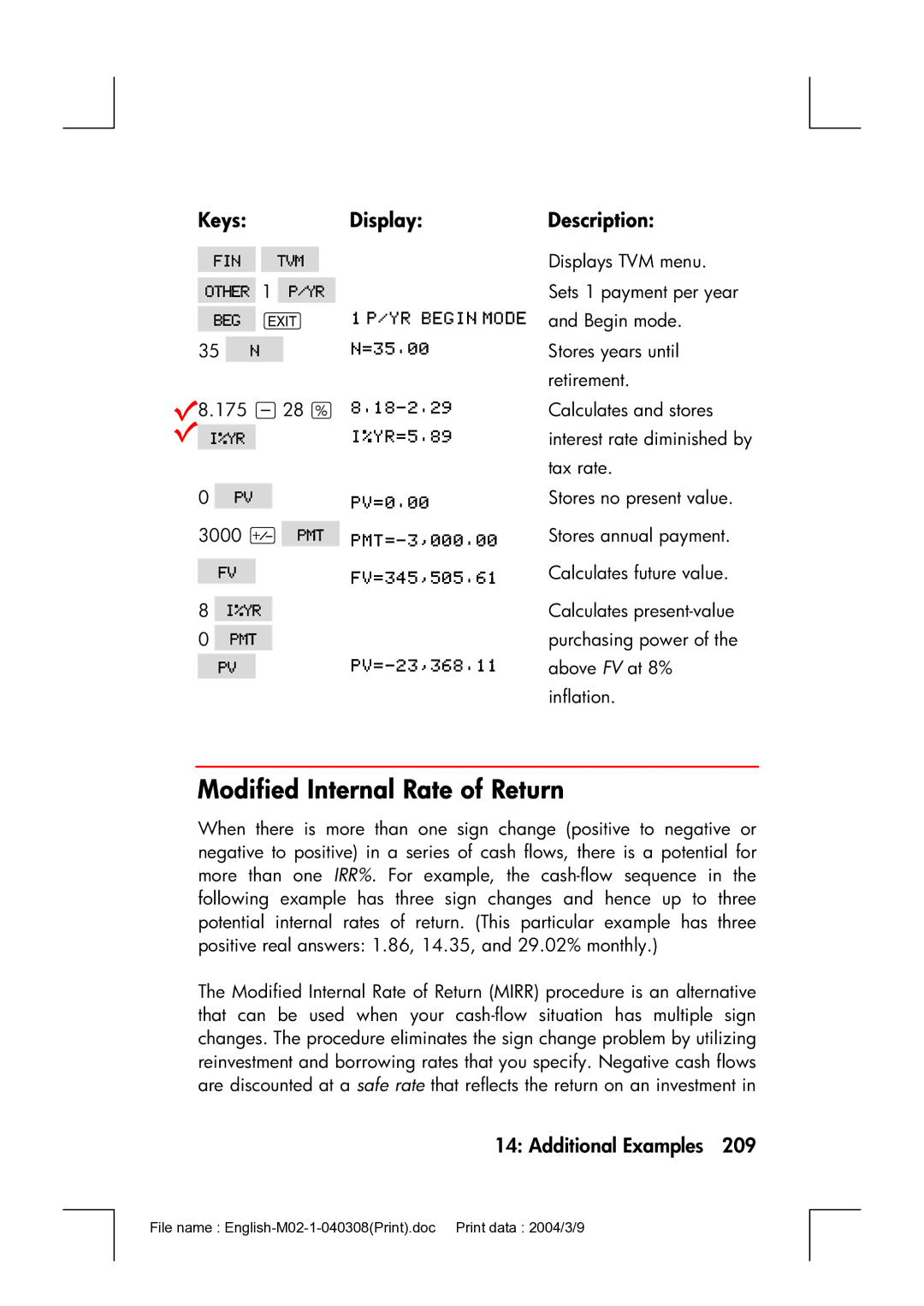 HP 17bII manual Modified Internal Rate of Return, Keys Display Description 