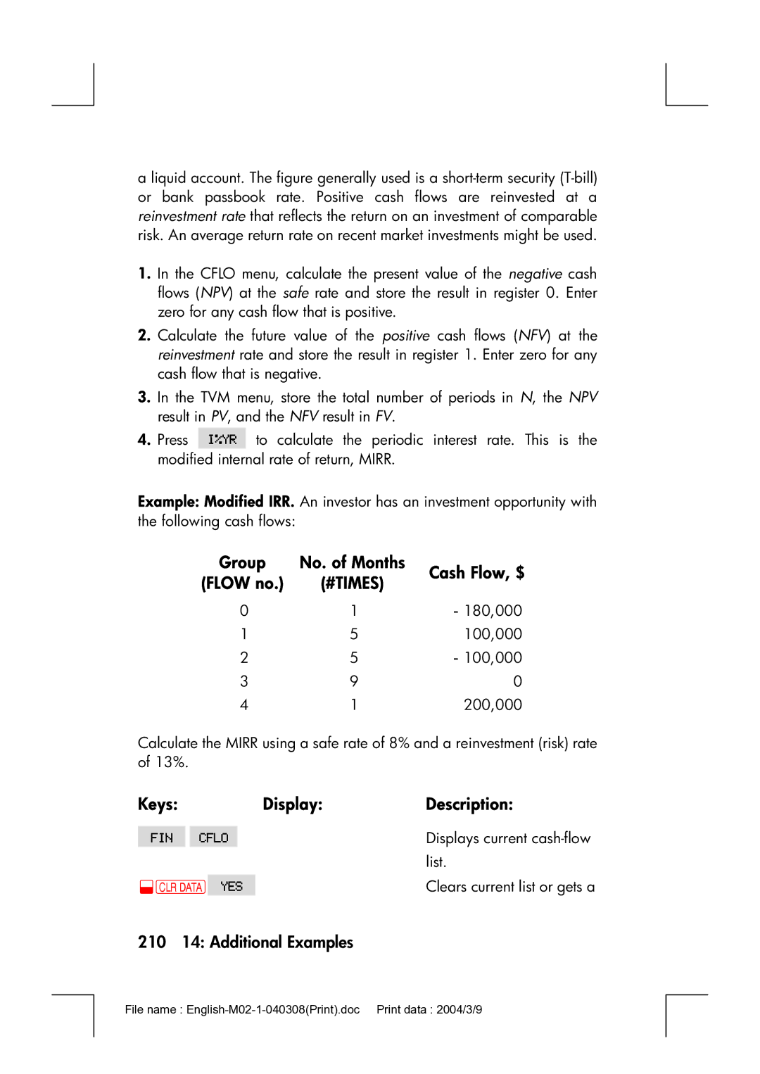 HP 17bII manual 210 14 Additional Examples, Group No. of Months Cash Flow, $ Flow no 