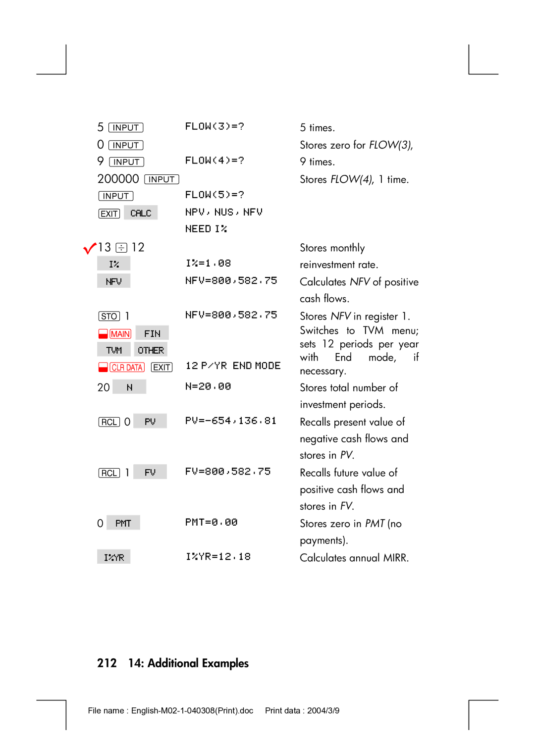 HP 17bII manual 200000 I, V13 /12 , 212 14 Additional Examples 