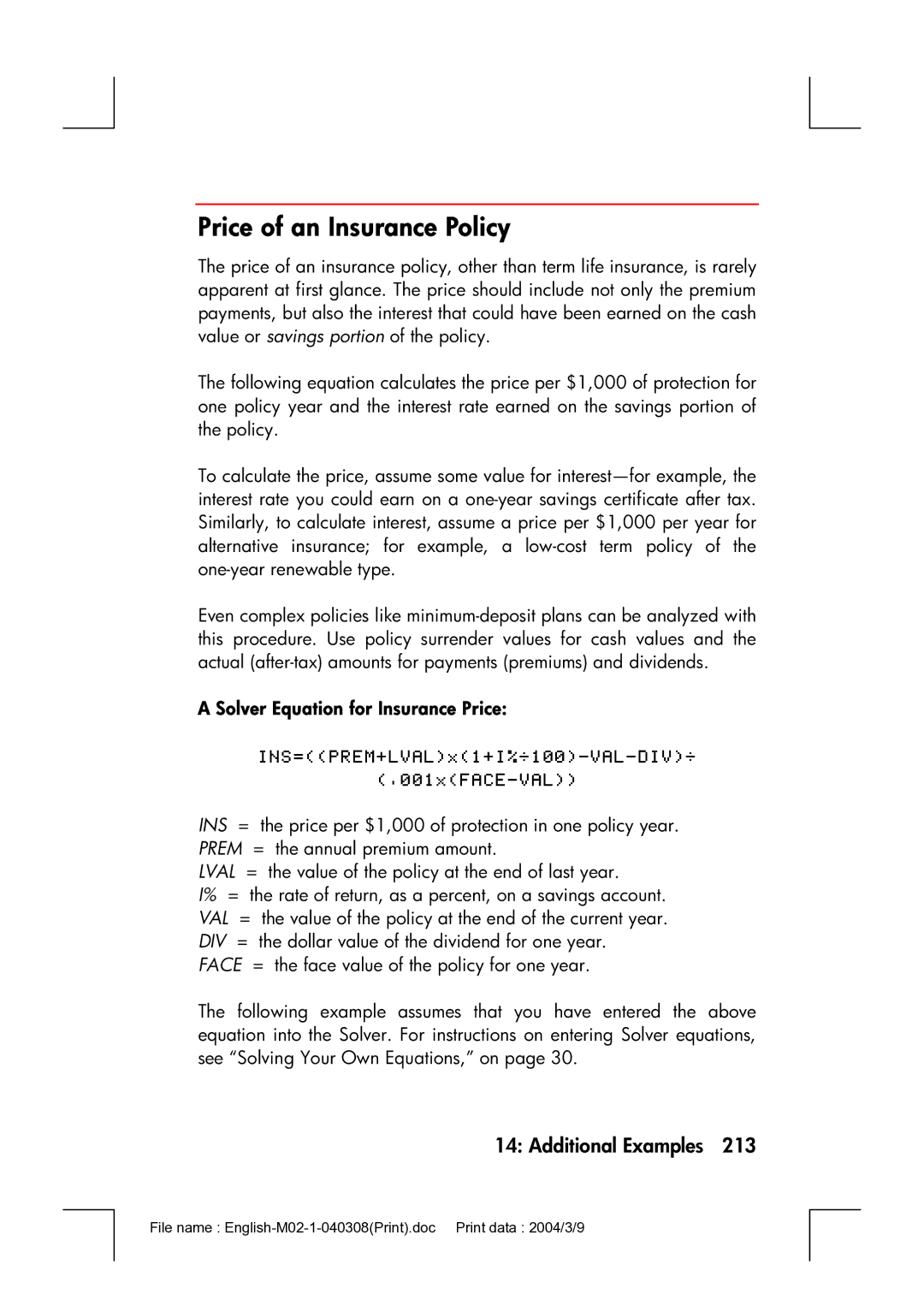 HP 17bII manual Price of an Insurance Policy, Solver Equation for Insurance Price 