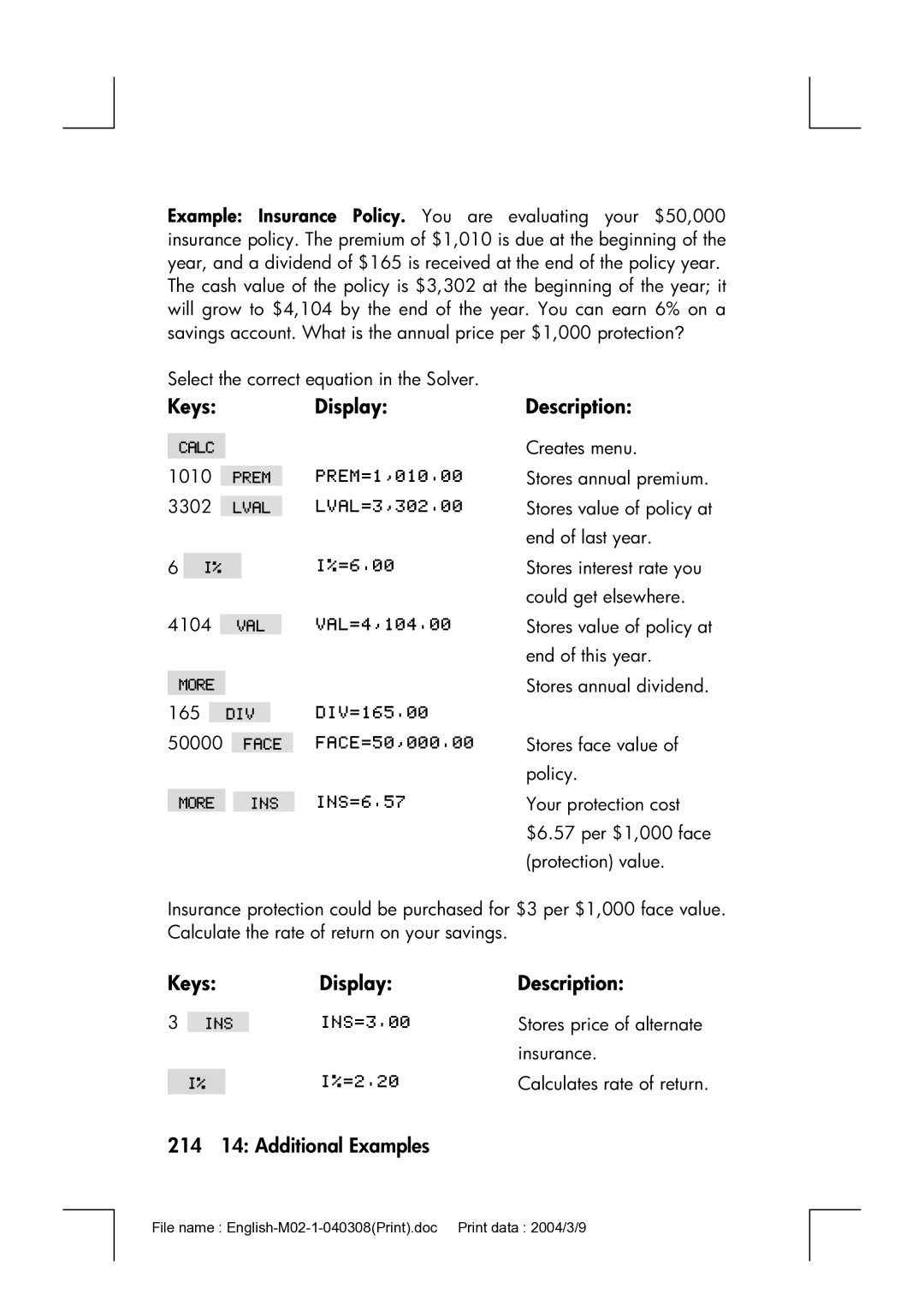 HP 17bII manual Keys Display Description, 214 14 Additional Examples 