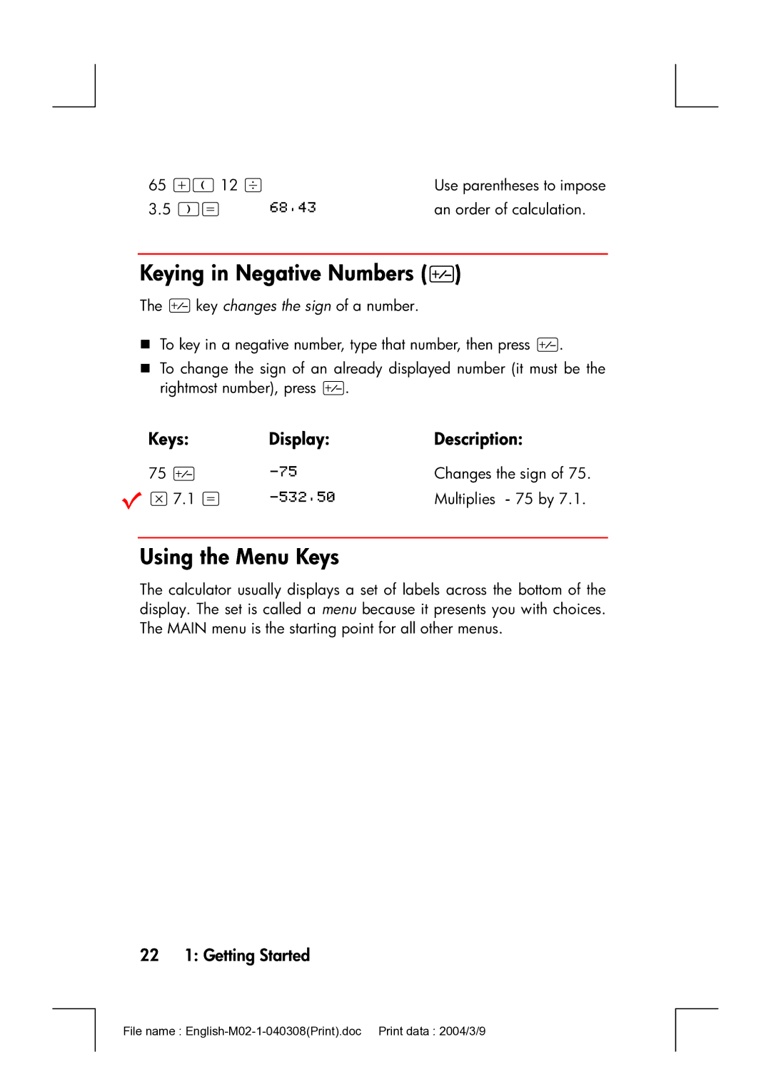 HP 17bII manual Keying in Negative Numbers, Using the Menu Keys, 22 1 Getting Started 