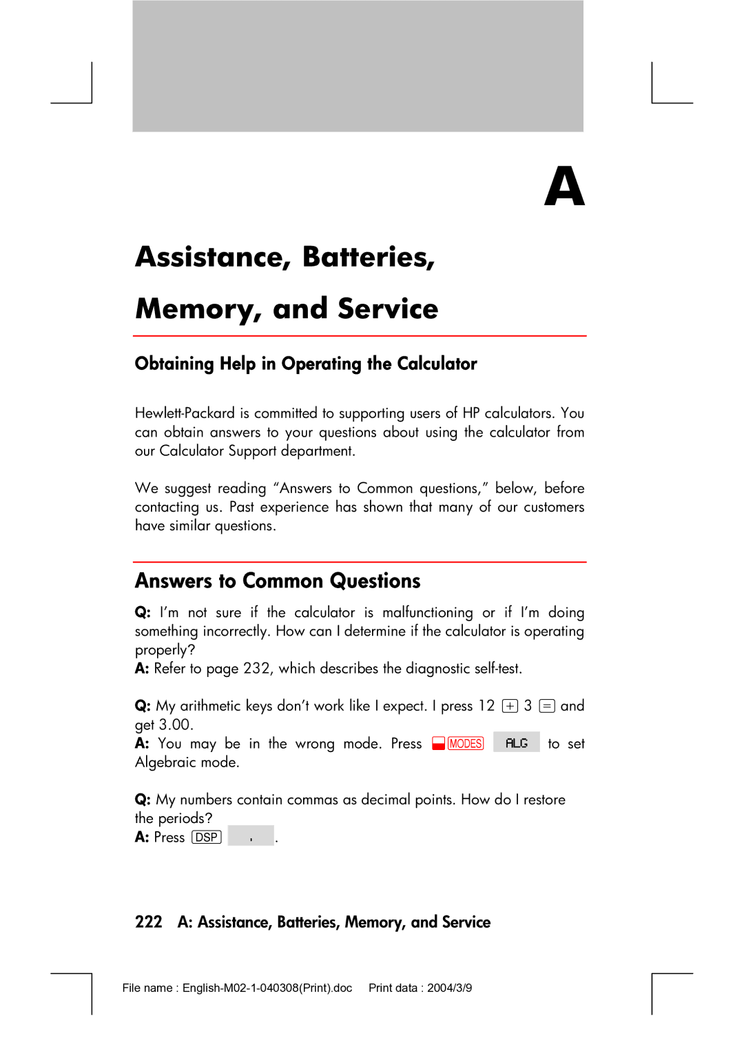 HP 17bII manual Assistance, Batteries Memory, and Service, Answers to Common Questions 