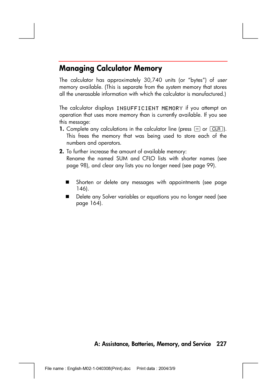 HP 17bII manual Managing Calculator Memory 