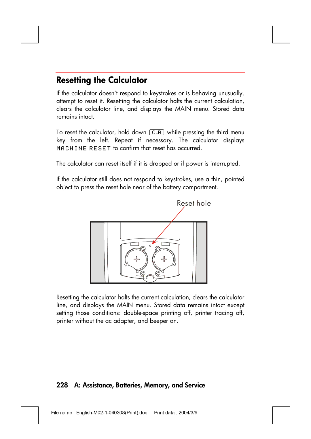 HP 17bII manual Resetting the Calculator, Reset hole 