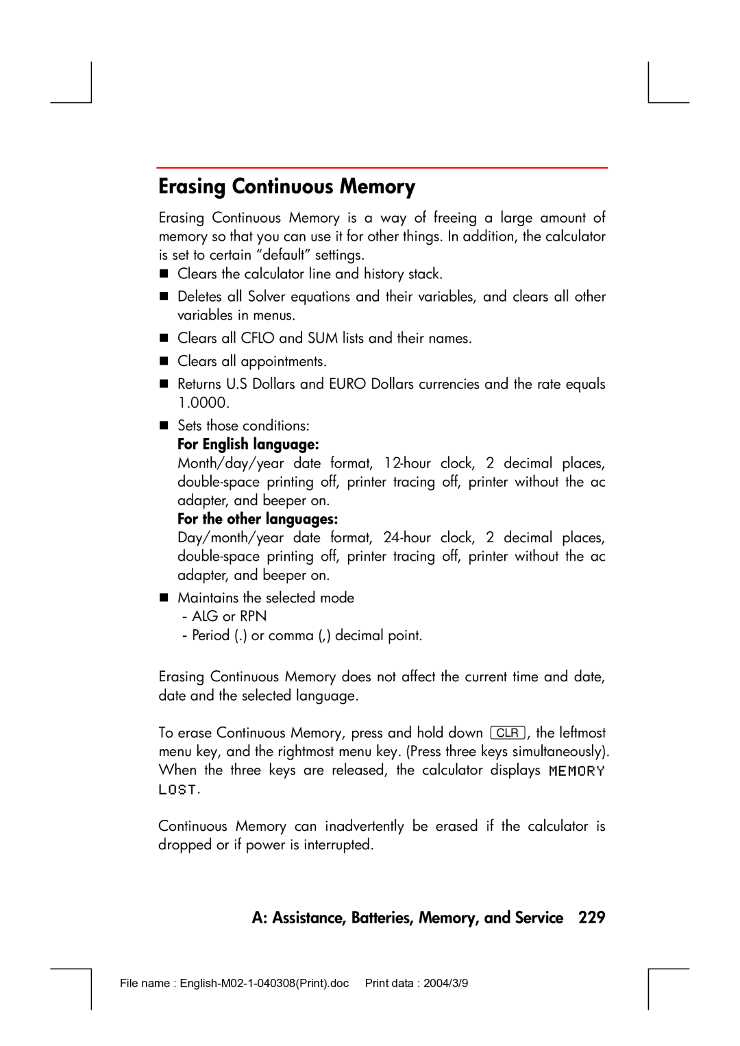 HP 17bII manual Erasing Continuous Memory, For English language, For the other languages 