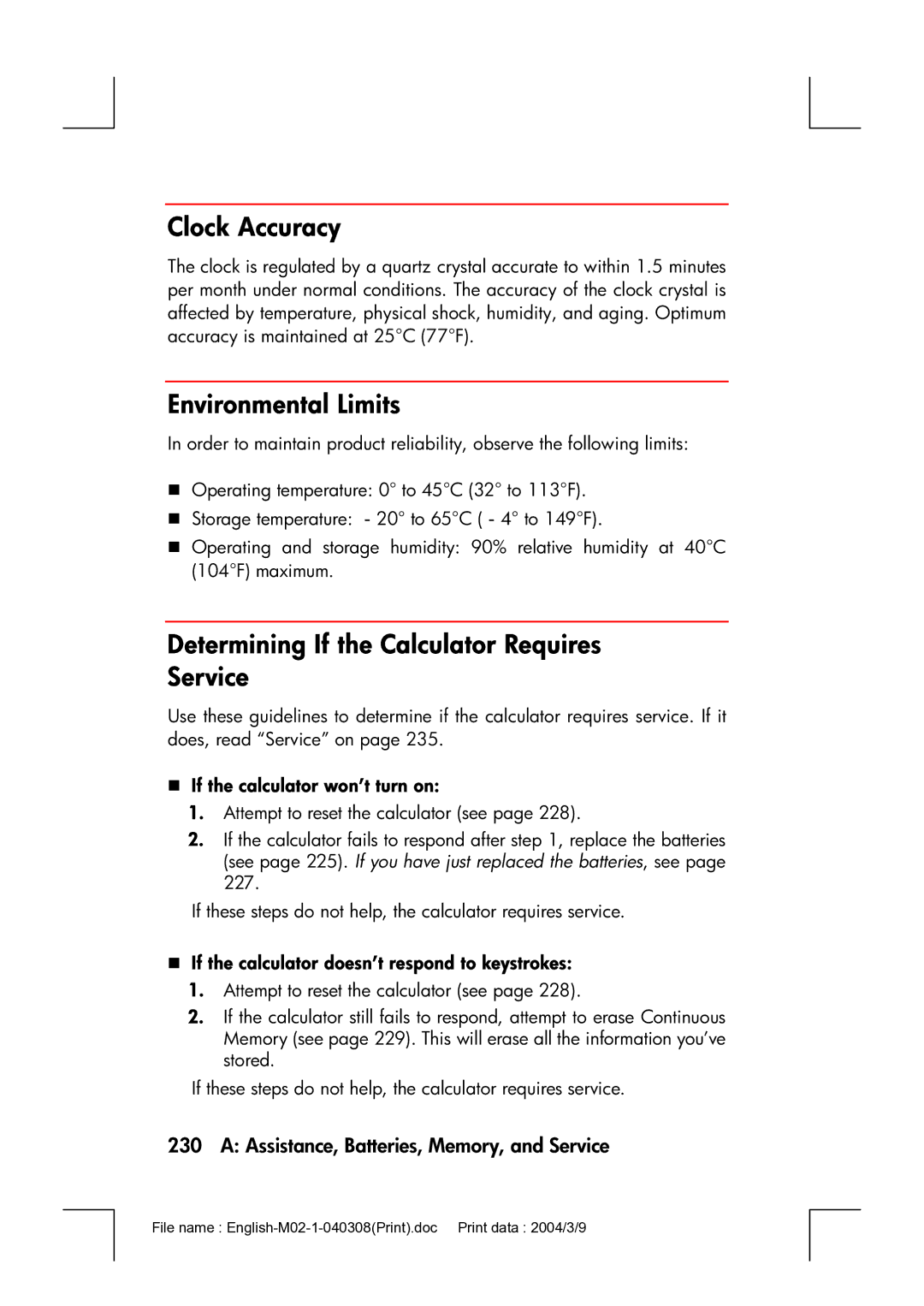 HP 17bII manual Clock Accuracy, Environmental Limits, Determining If the Calculator Requires Service 