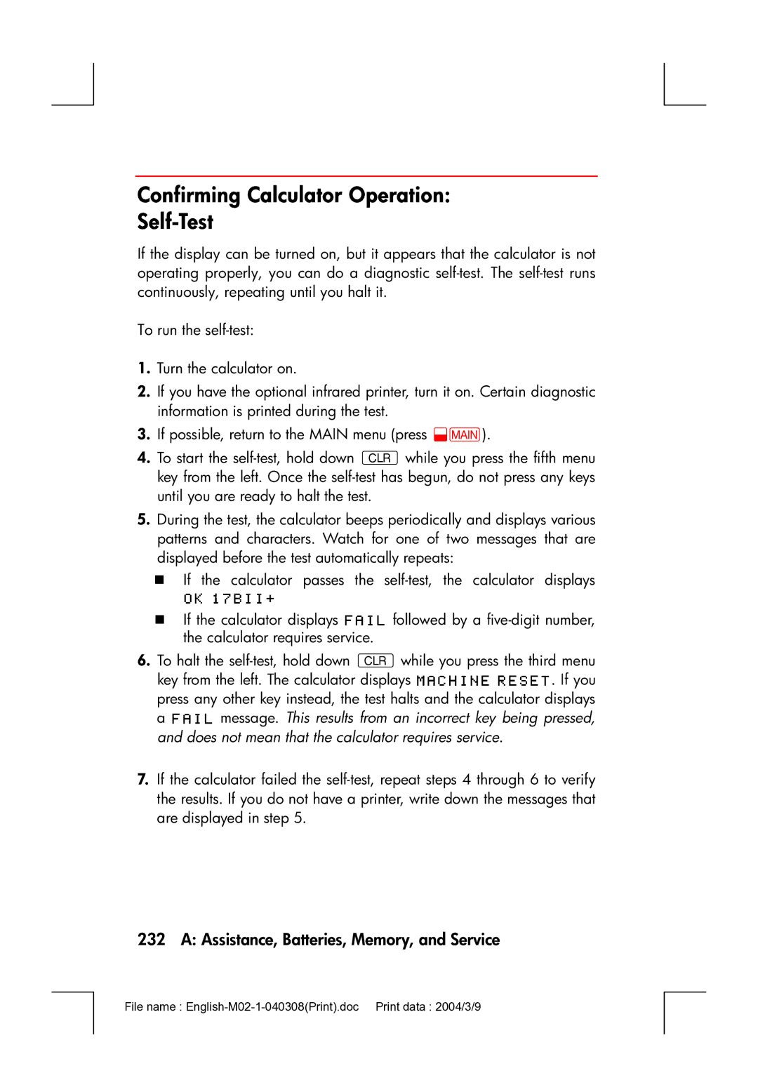 HP 17bII manual Confirming Calculator Operation Self-Test 