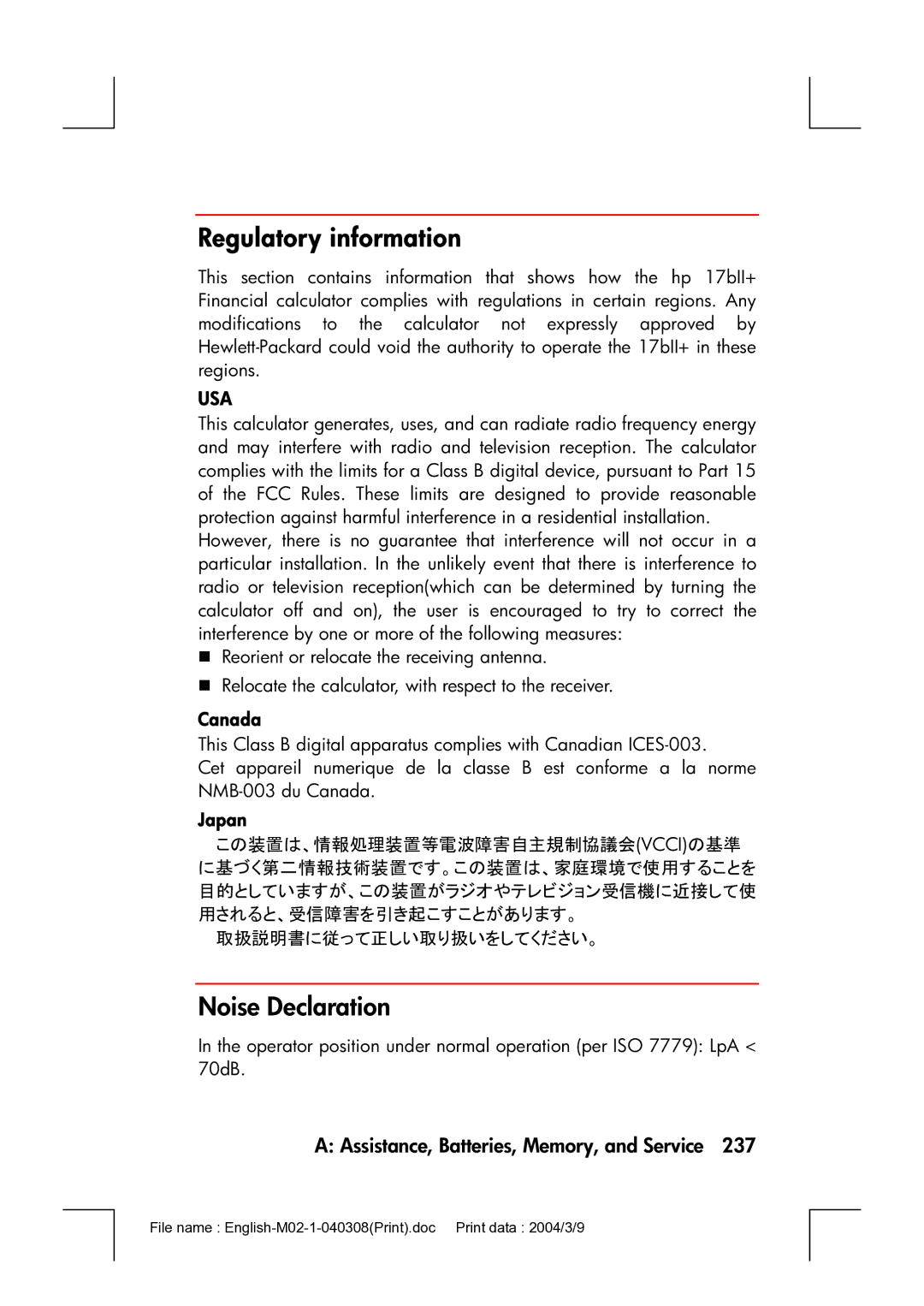 HP 17bII manual Regulatory information, Canada, Japan 