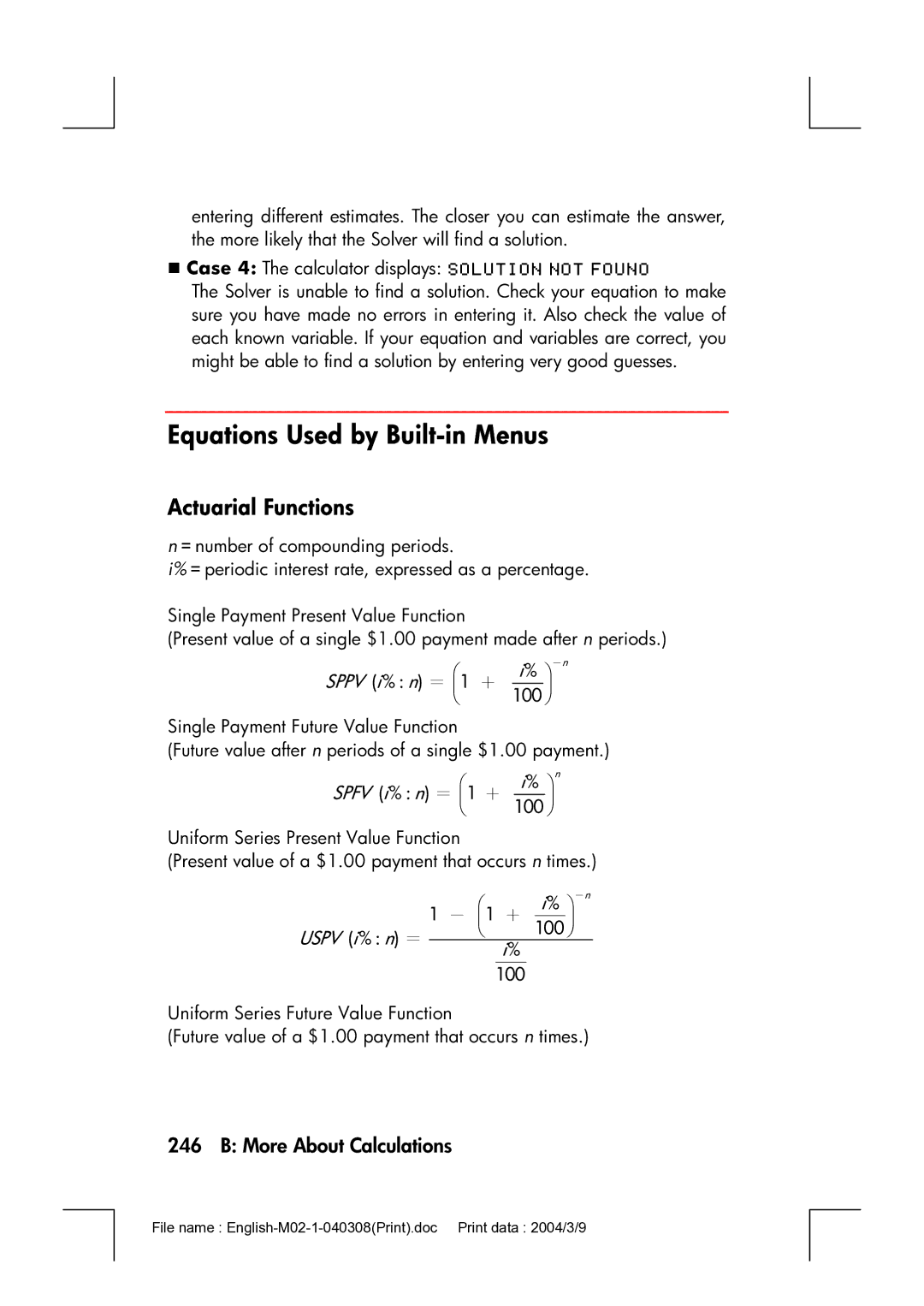 HP 17bII manual Equations Used by Built-in Menus, Actuarial Functions 