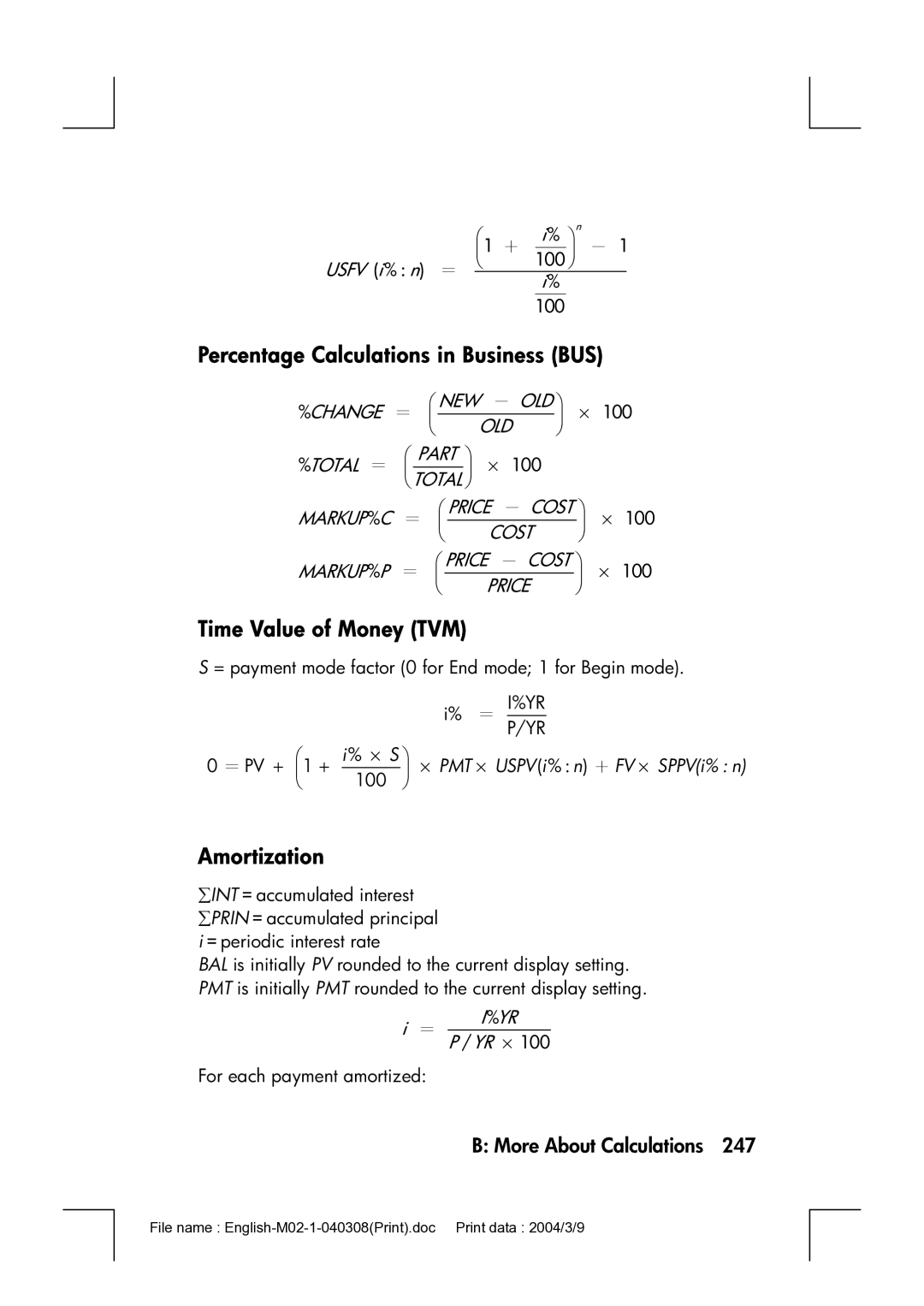 HP 17bII manual Percentage Calculations in Business BUS, Time Value of Money TVM, Amortization 