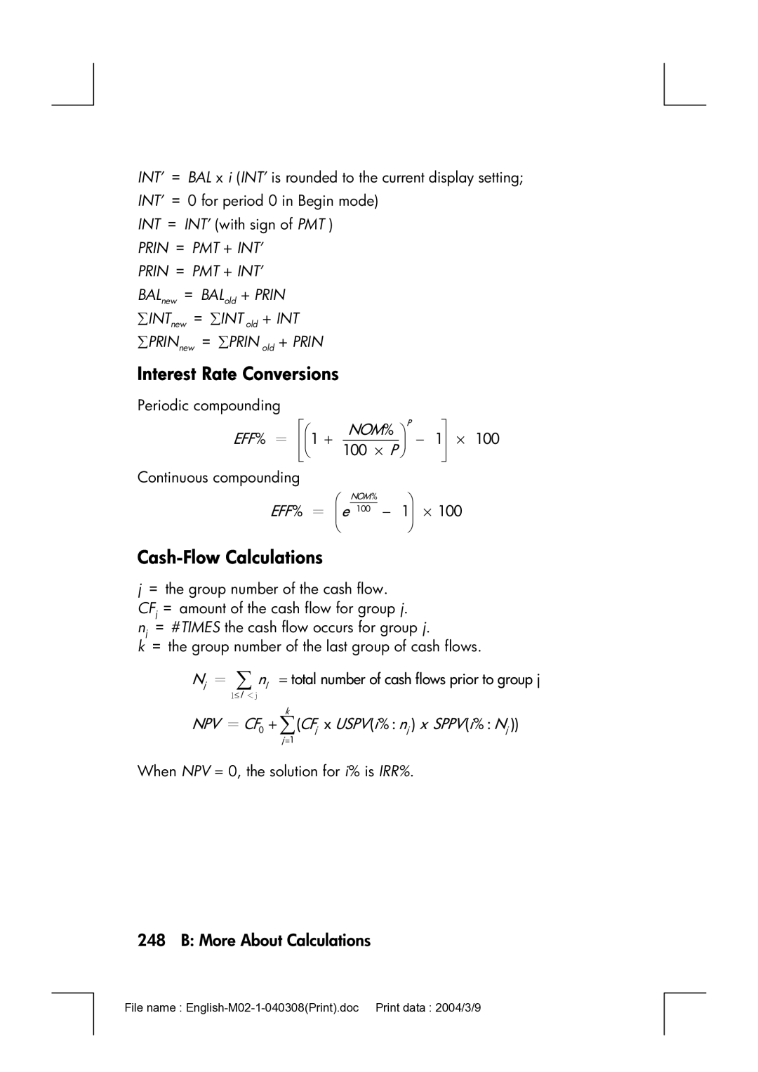 HP 17bII manual Interest Rate Conversions, Cash-Flow Calculations, Nom %  P, NPV ＝ CF0 + ∑CFj x Uspv i% nj x Sppv i% Nj 