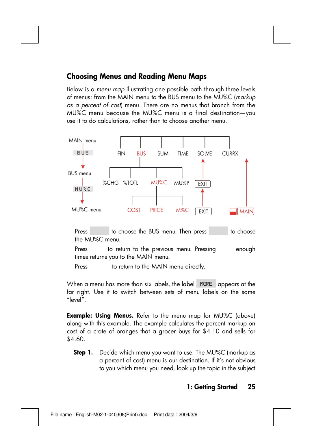 HP 17bII manual Choosing Menus and Reading Menu Maps 