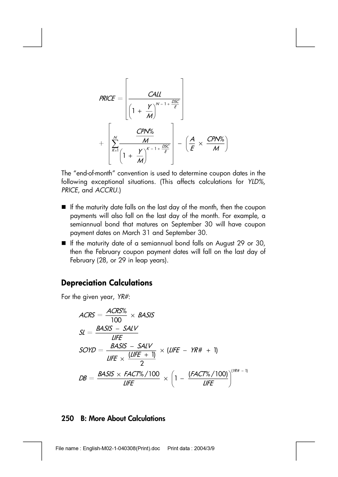 HP 17bII manual Depreciation Calculations, DB ＝ Basis ⋅ Fact % /100 