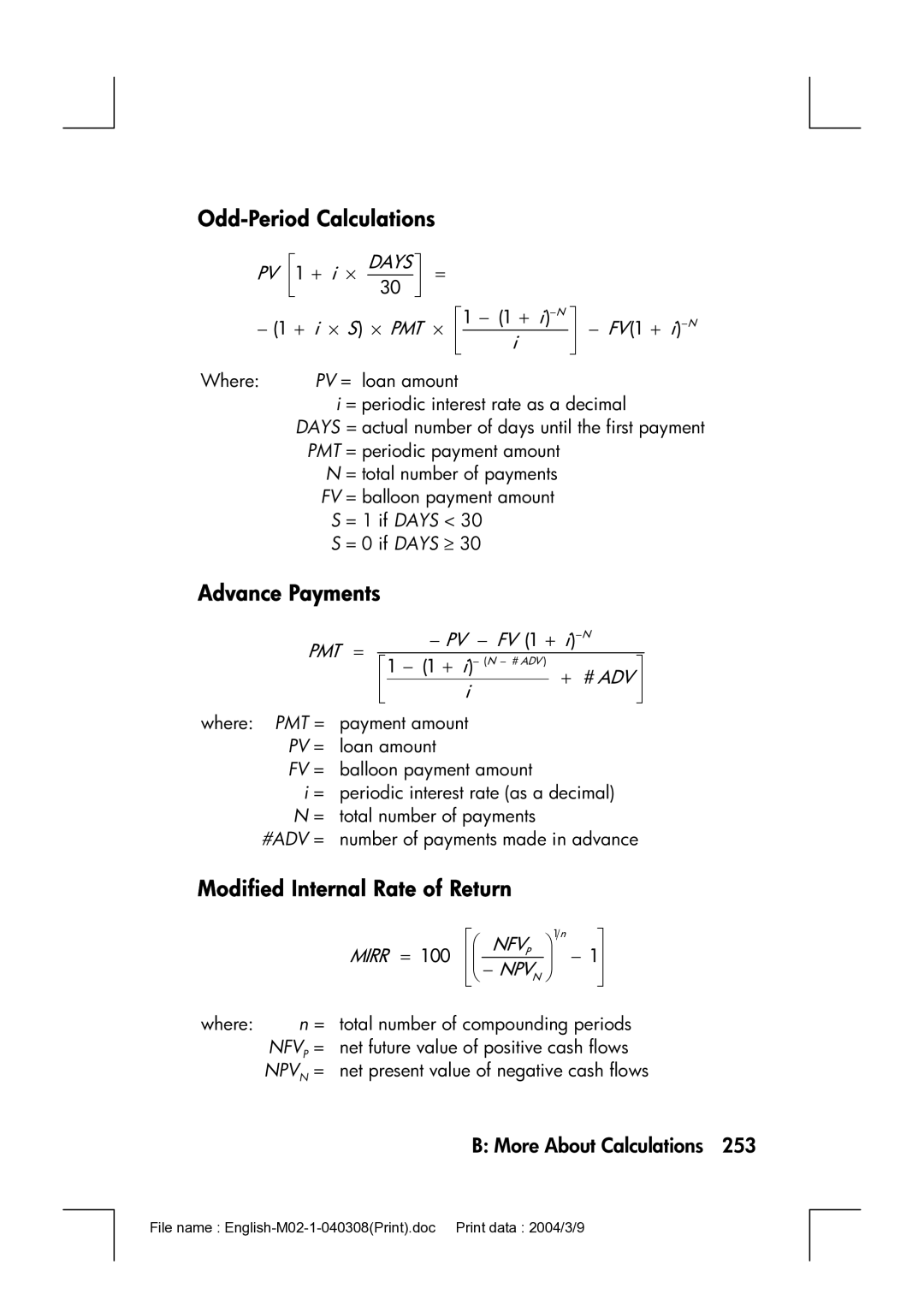 HP 17bII manual Odd-Period Calculations, Advance Payments, Modified Internal Rate of Return 