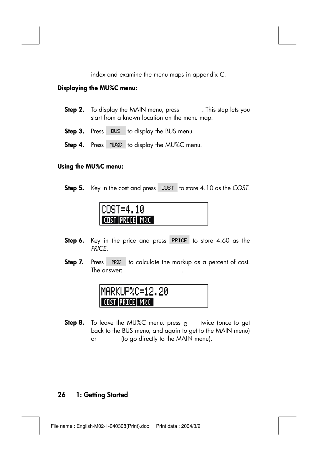 HP 17bII manual 26 1 Getting Started, Displaying the MU%C menu, Using the MU%C menu 