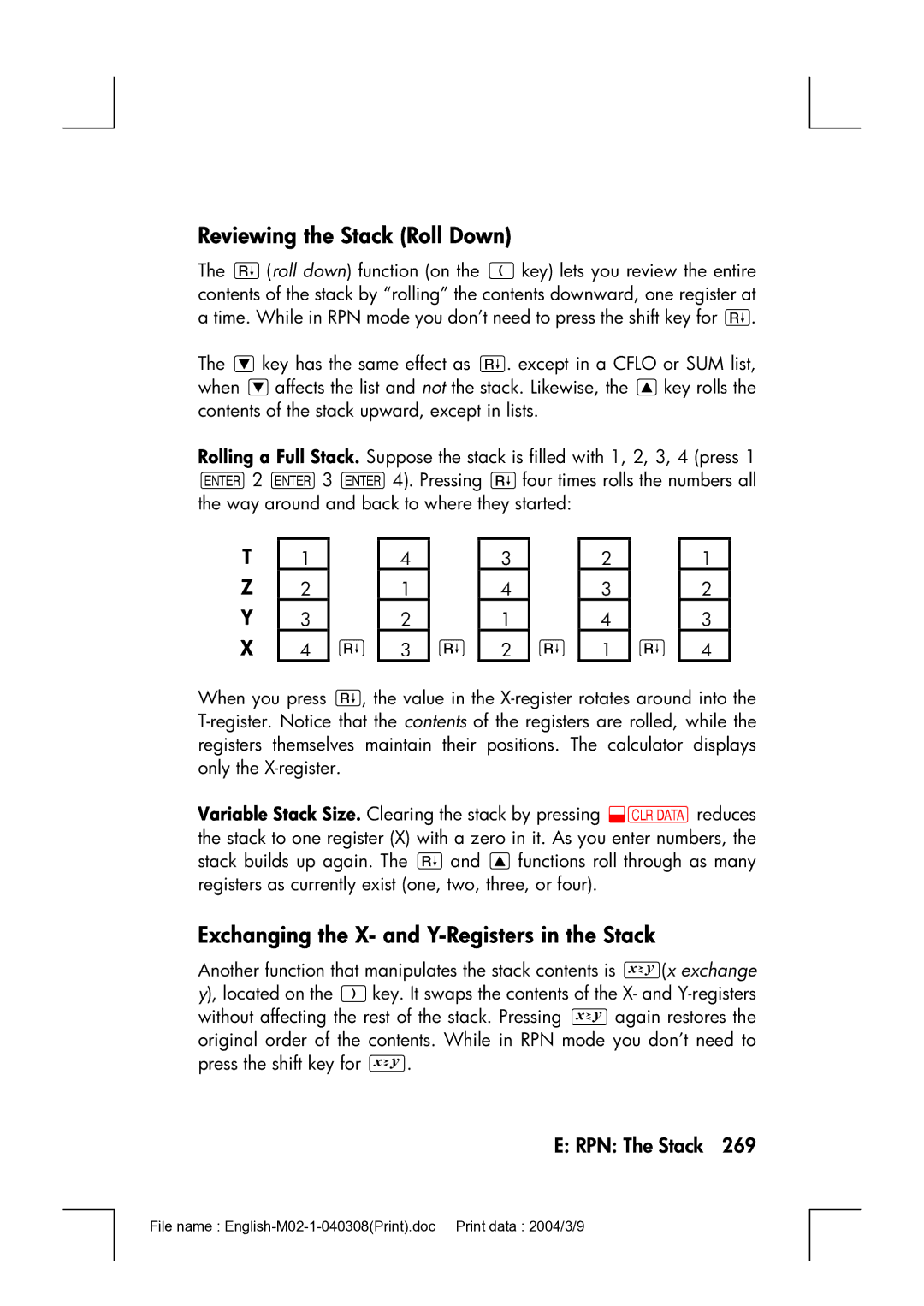 HP 17bII manual Reviewing the Stack Roll Down, Exchanging the X- and Y-Registers in the Stack 