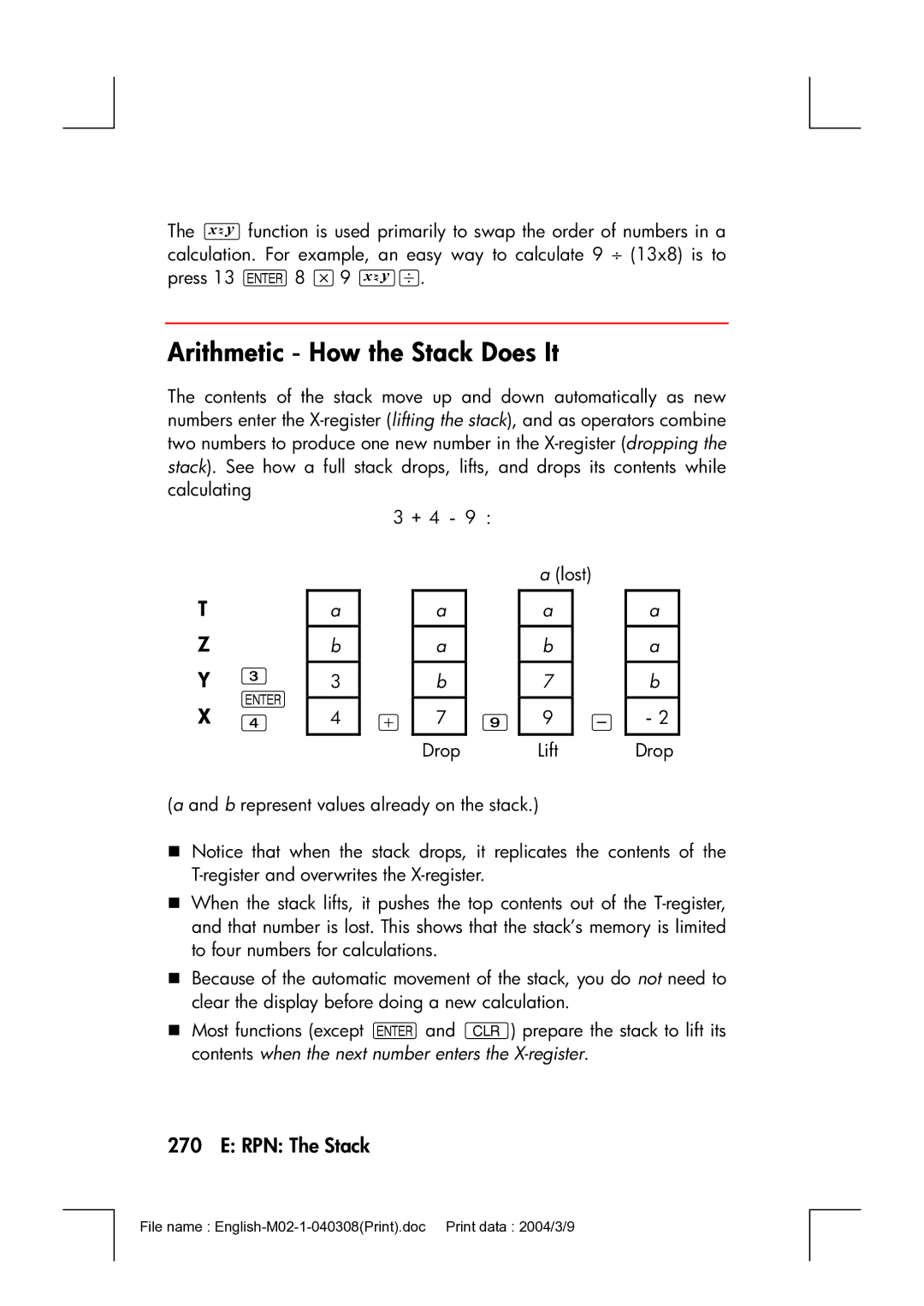 HP 17bII manual Arithmetic－How the Stack Does It 