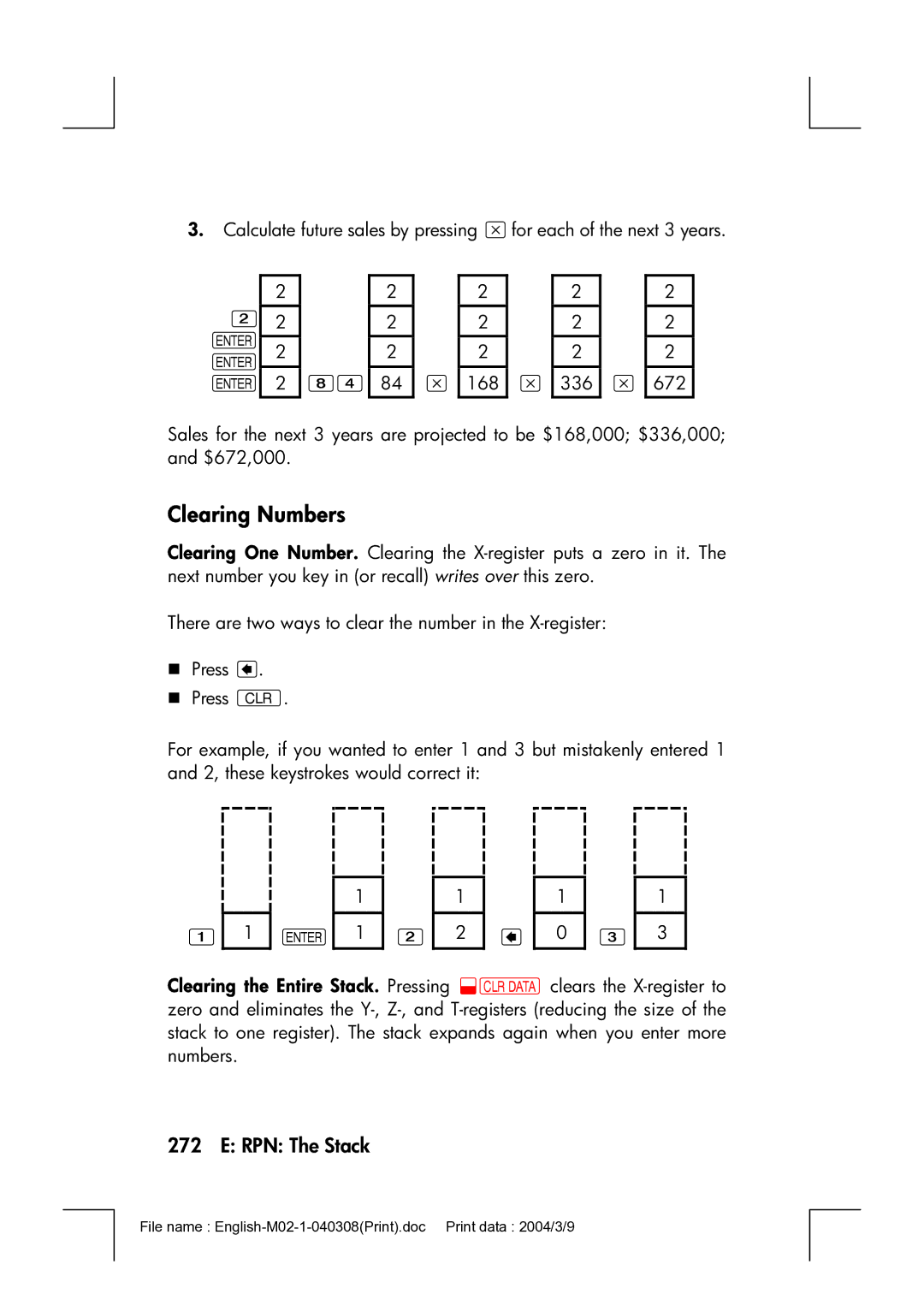 HP 17bII manual Clearing Numbers 