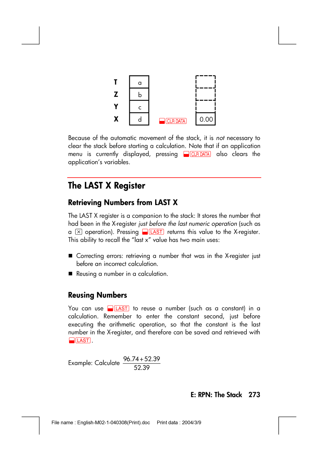 HP 17bII manual Last X Register, Retrieving Numbers from Last, Reusing Numbers 