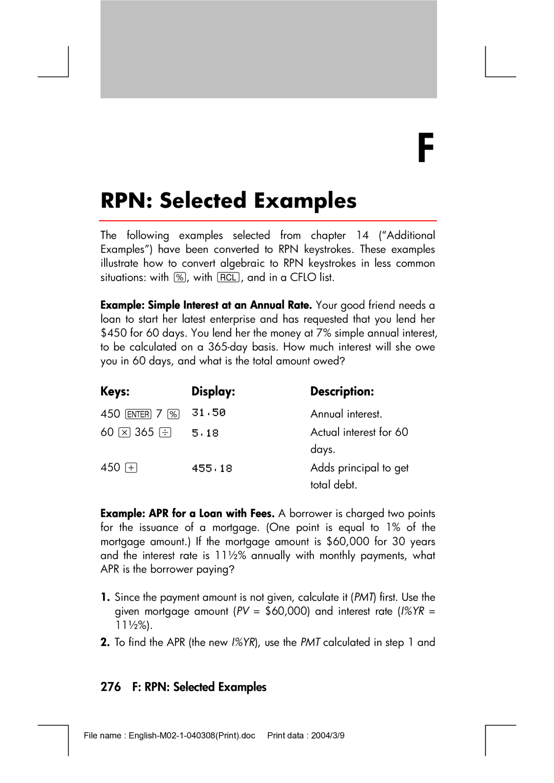 HP 17bII manual RPN Selected Examples 