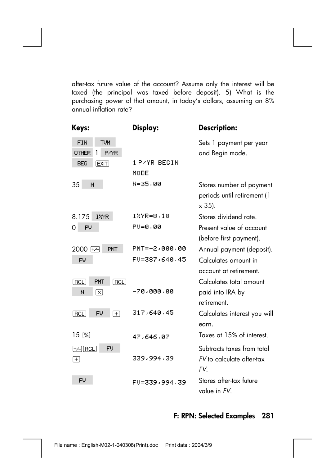 HP 17bII manual Annual payment deposit 