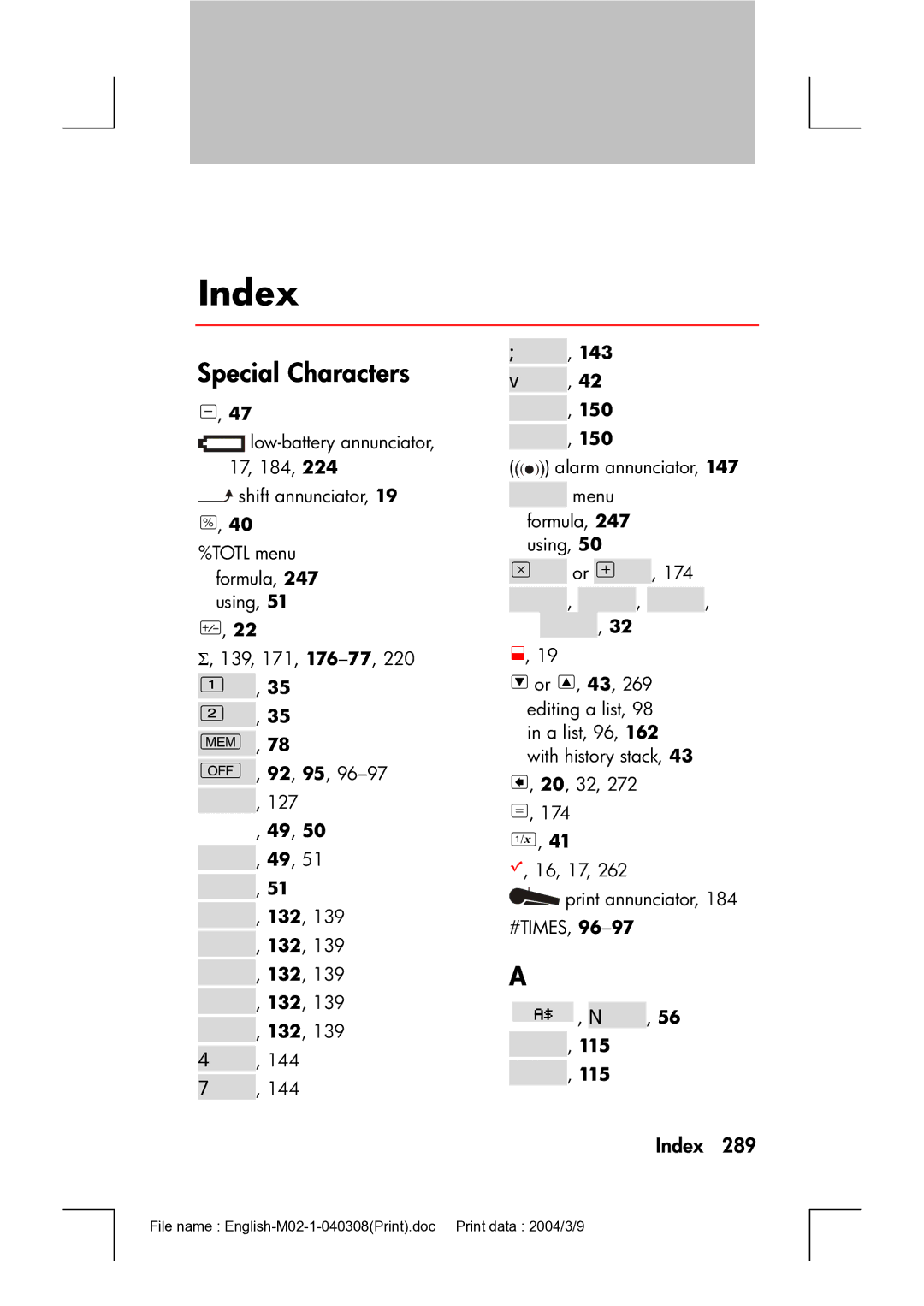 HP 17bII manual Index, Special Characters 