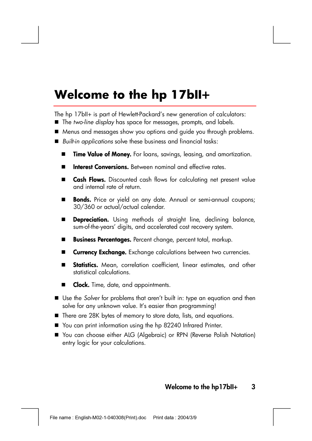 HP manual Welcome to the hp 17bII+, Welcome to the hp17bII+ 