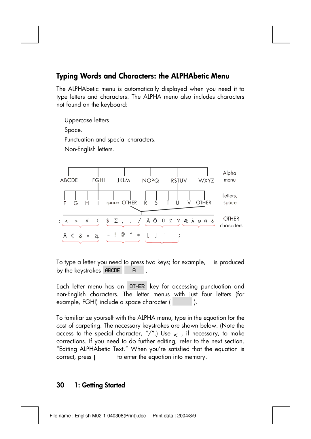 HP 17bII manual Typing Words and Characters the ALPHAbetic Menu, 30 1 Getting Started 