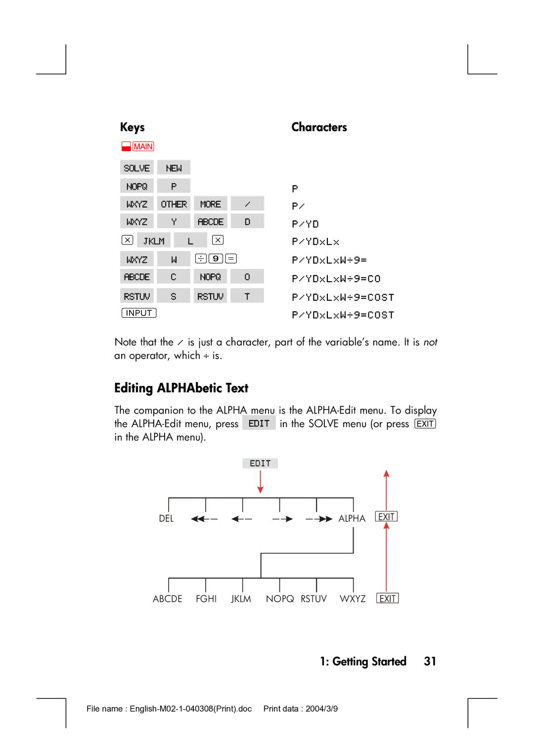 HP 17bII manual Editing ALPHAbetic Text, Keys,      , Characters 