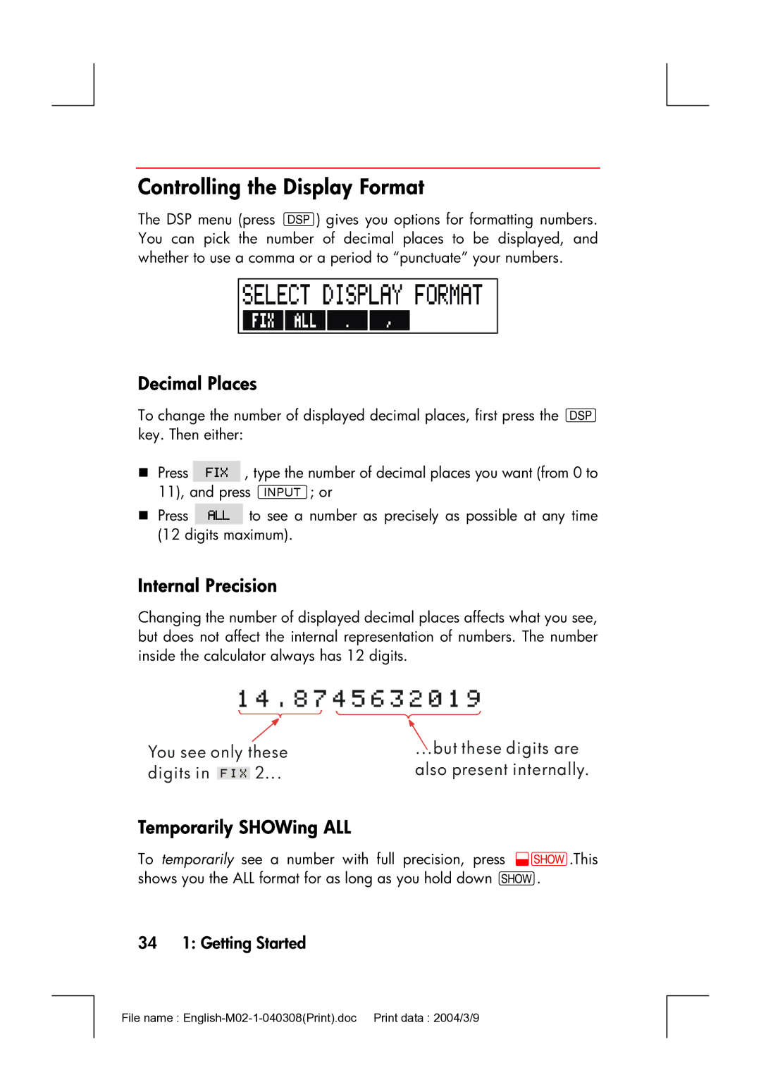 HP 17bII Controlling the Display Format, Decimal Places, Internal Precision, Temporarily SHOWing ALL, 34 1 Getting Started 