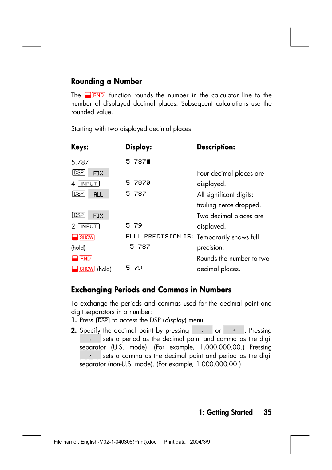 HP 17bII manual Rounding a Number, Exchanging Periods and Commas in Numbers 