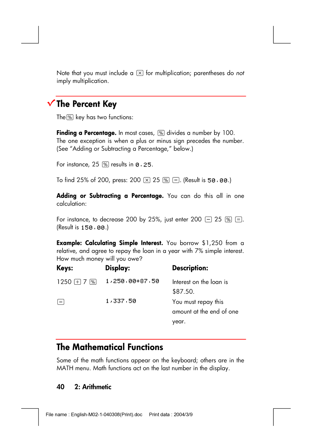 HP 17bII manual VThe Percent Key, Mathematical Functions, 40 2 Arithmetic 