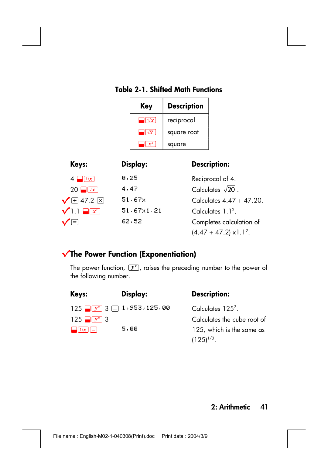 HP 17bII manual VThe Power Function Exponentiation, Shifted Math Functions, Key 