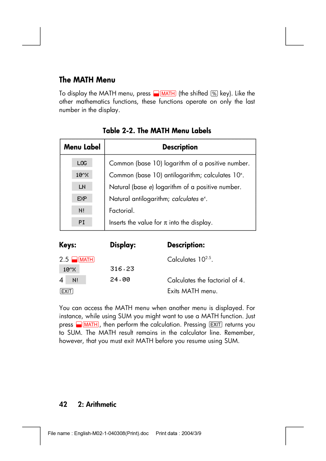 HP 17bII manual Math Menu Labels, 42 2 Arithmetic, Description 