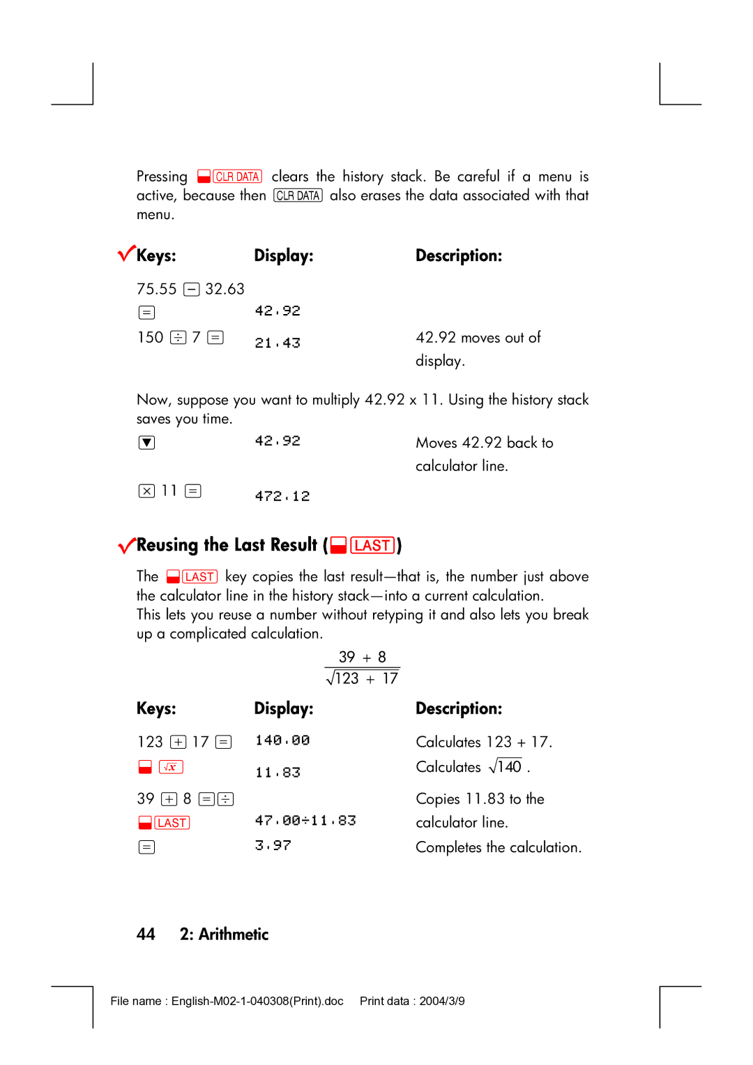 HP 17bII manual VReusing the Last Result @L, VKeys Display, 44 2 Arithmetic 