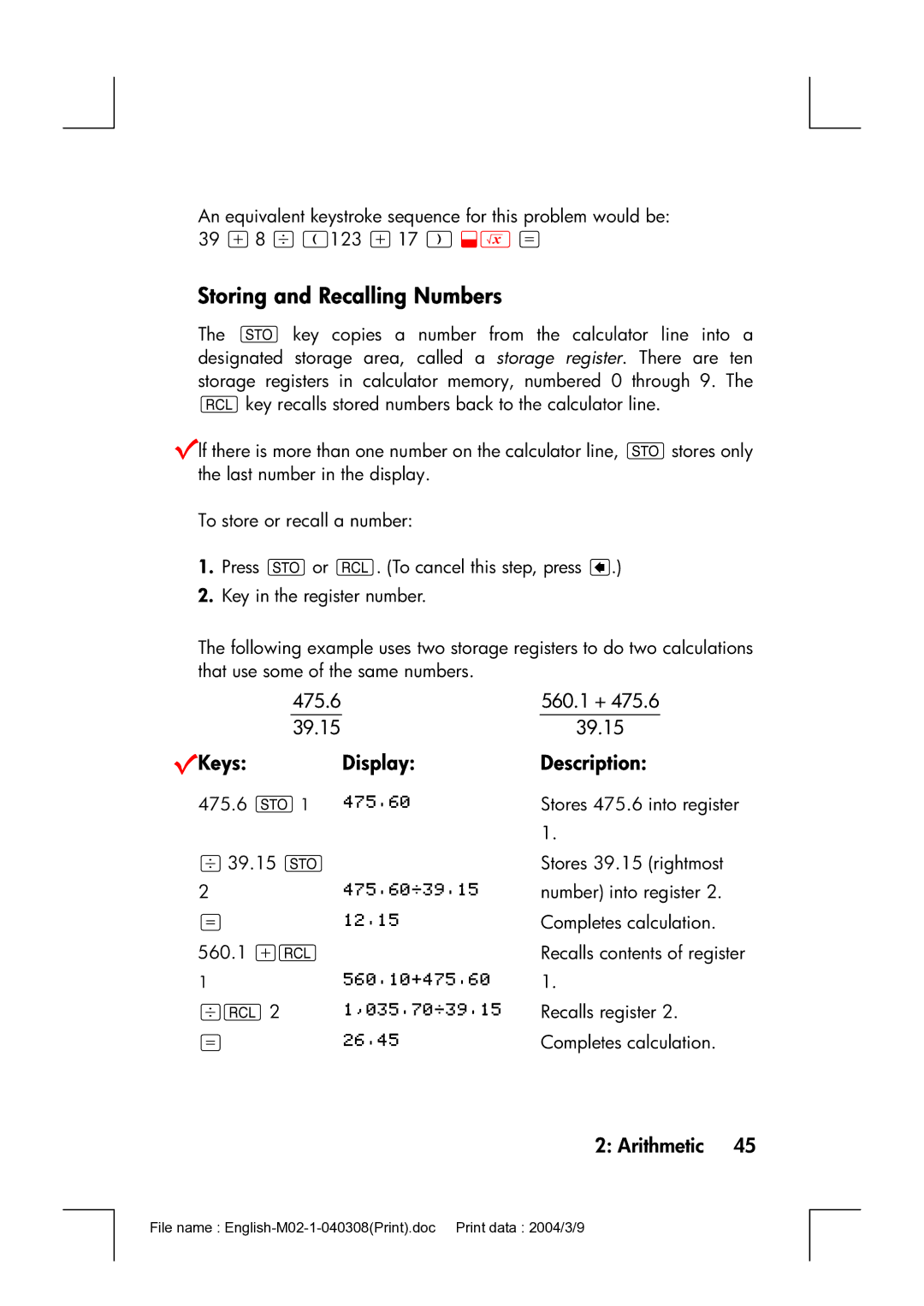 HP 17bII manual Storing and Recalling Numbers, VKeys Display Description 