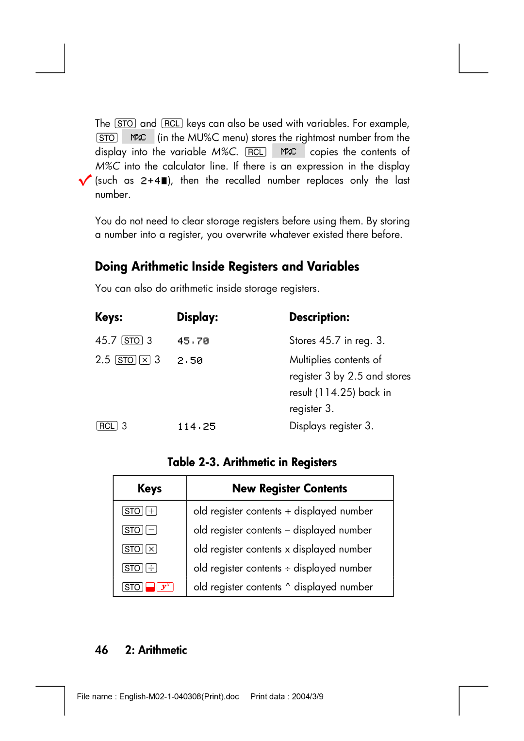 HP 17bII manual Doing Arithmetic Inside Registers and Variables, Arithmetic in Registers, Keys New Register Contents 