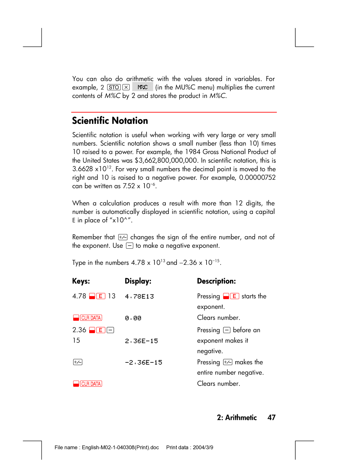 HP 17bII manual Scientific Notation 