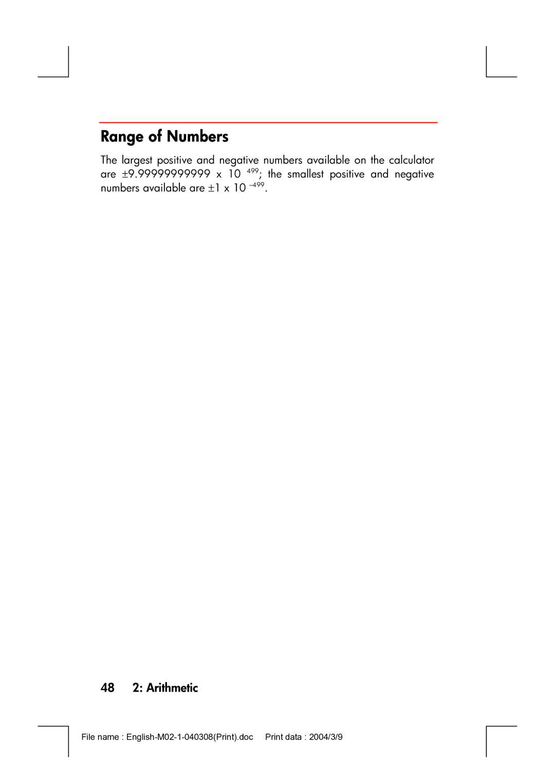 HP 17bII manual Range of Numbers, 48 2 Arithmetic 