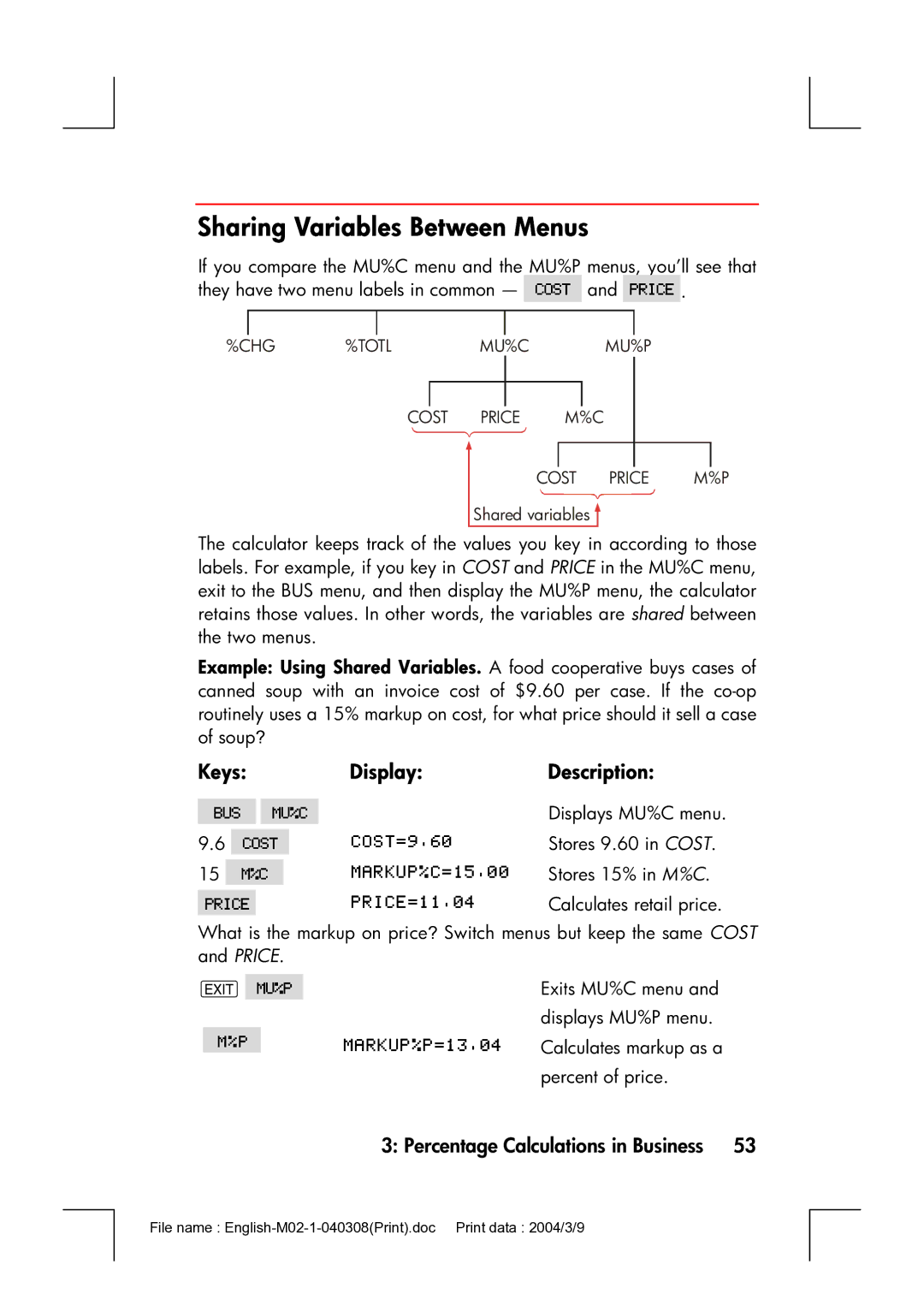 HP 17bII manual Sharing Variables Between Menus, KeysDisplayDescription 