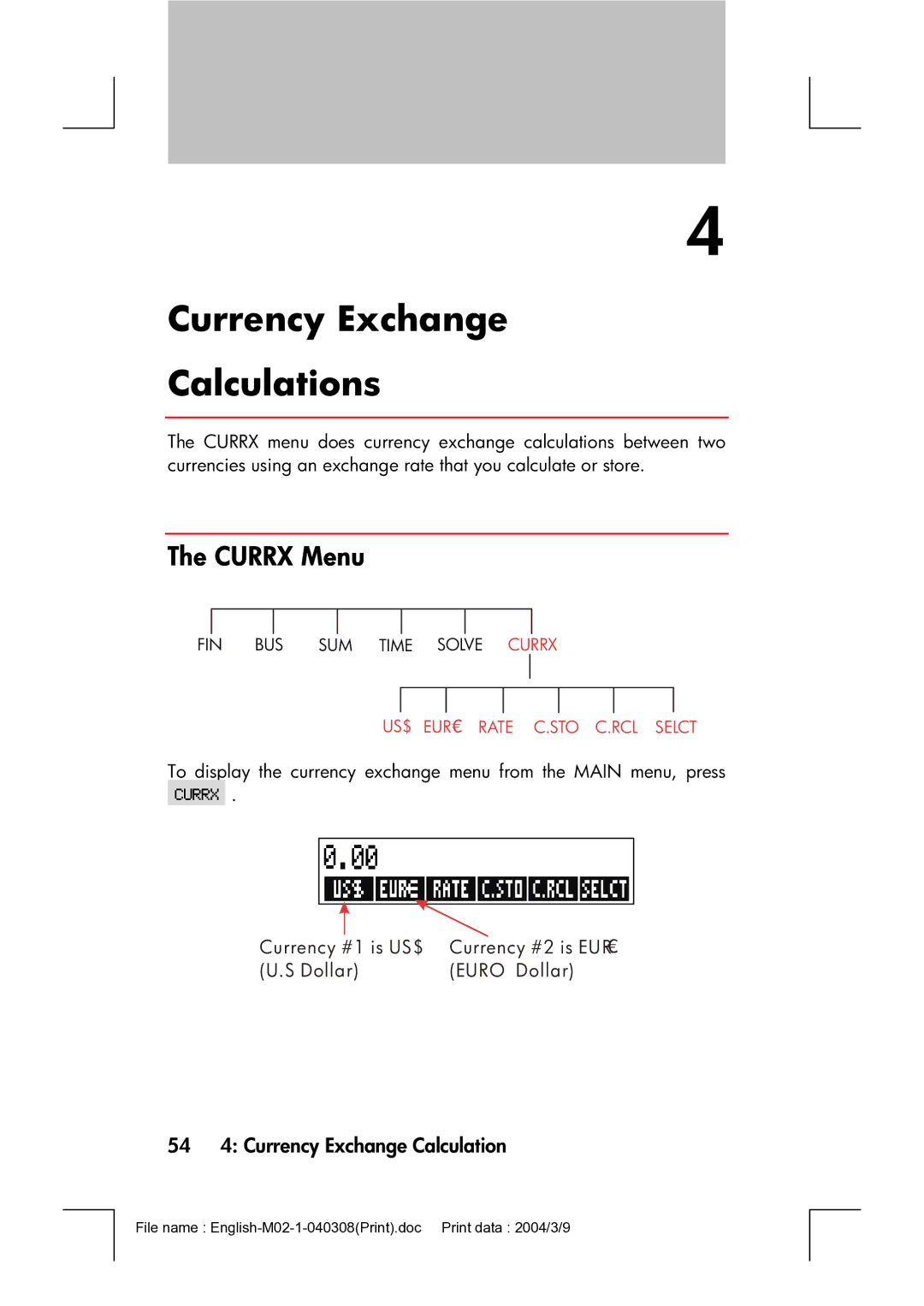 HP 17bII manual Currency Exchange Calculations, Currx Menu, 54 4 Currency Exchange Calculation 