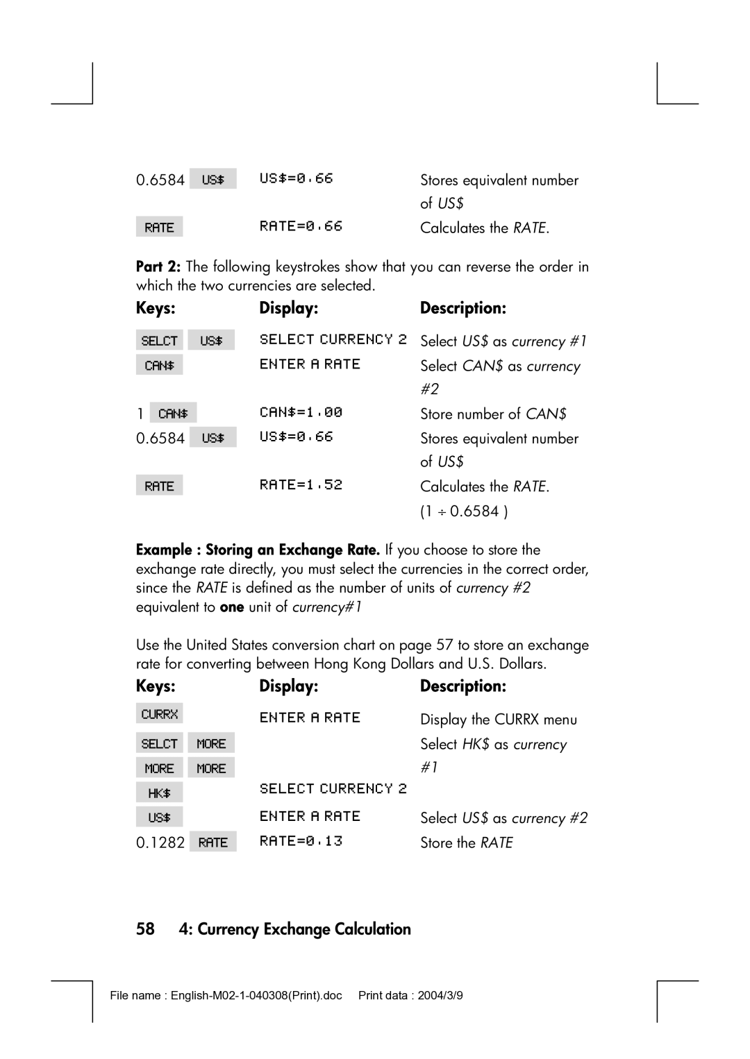 HP 17bII manual 58 4 Currency Exchange Calculation, Select HK$ as currency 