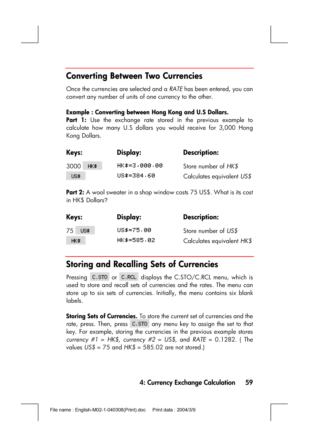 HP 17bII manual Converting Between Two Currencies, Storing and Recalling Sets of Currencies 