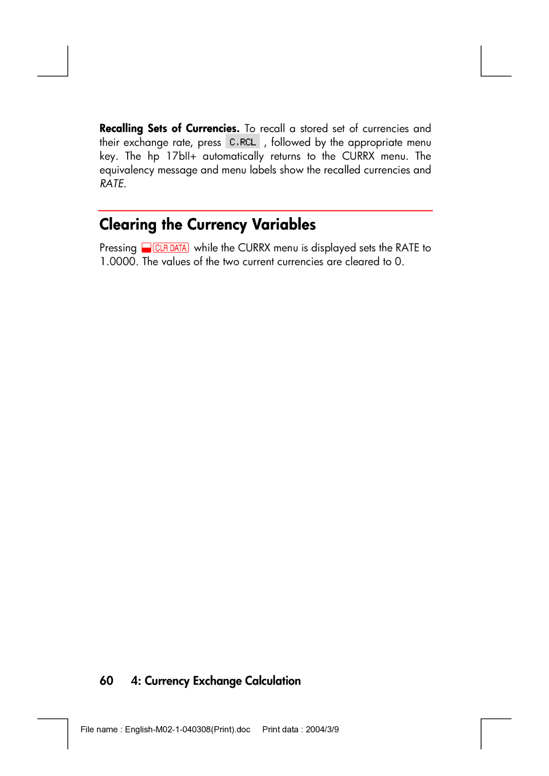 HP 17bII manual Clearing the Currency Variables, 60 4 Currency Exchange Calculation 