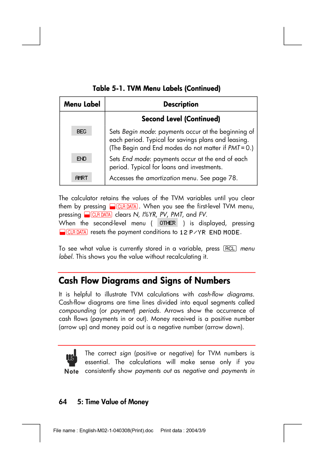 HP 17bII manual Cash Flow Diagrams and Signs of Numbers, 64 5 Time Value of Money 