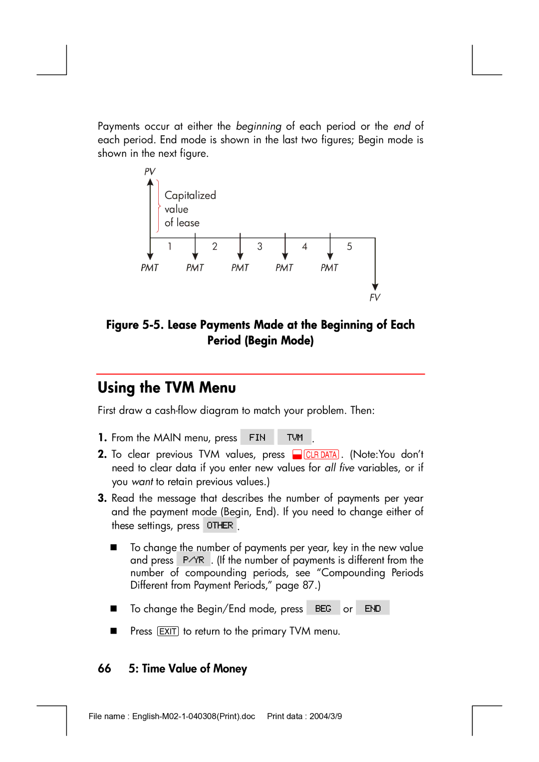 HP 17bII manual Using the TVM Menu, 66 5 Time Value of Money 