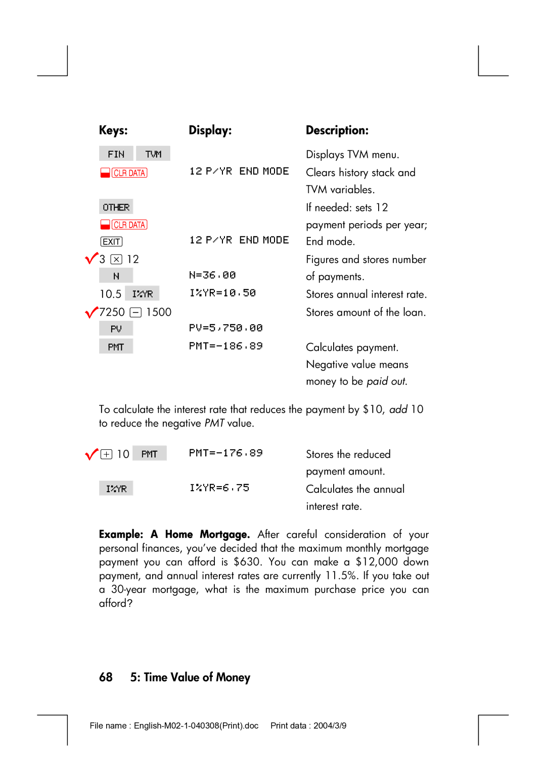 HP 17bII manual 68 5 Time Value of Money, Figures and stores number 