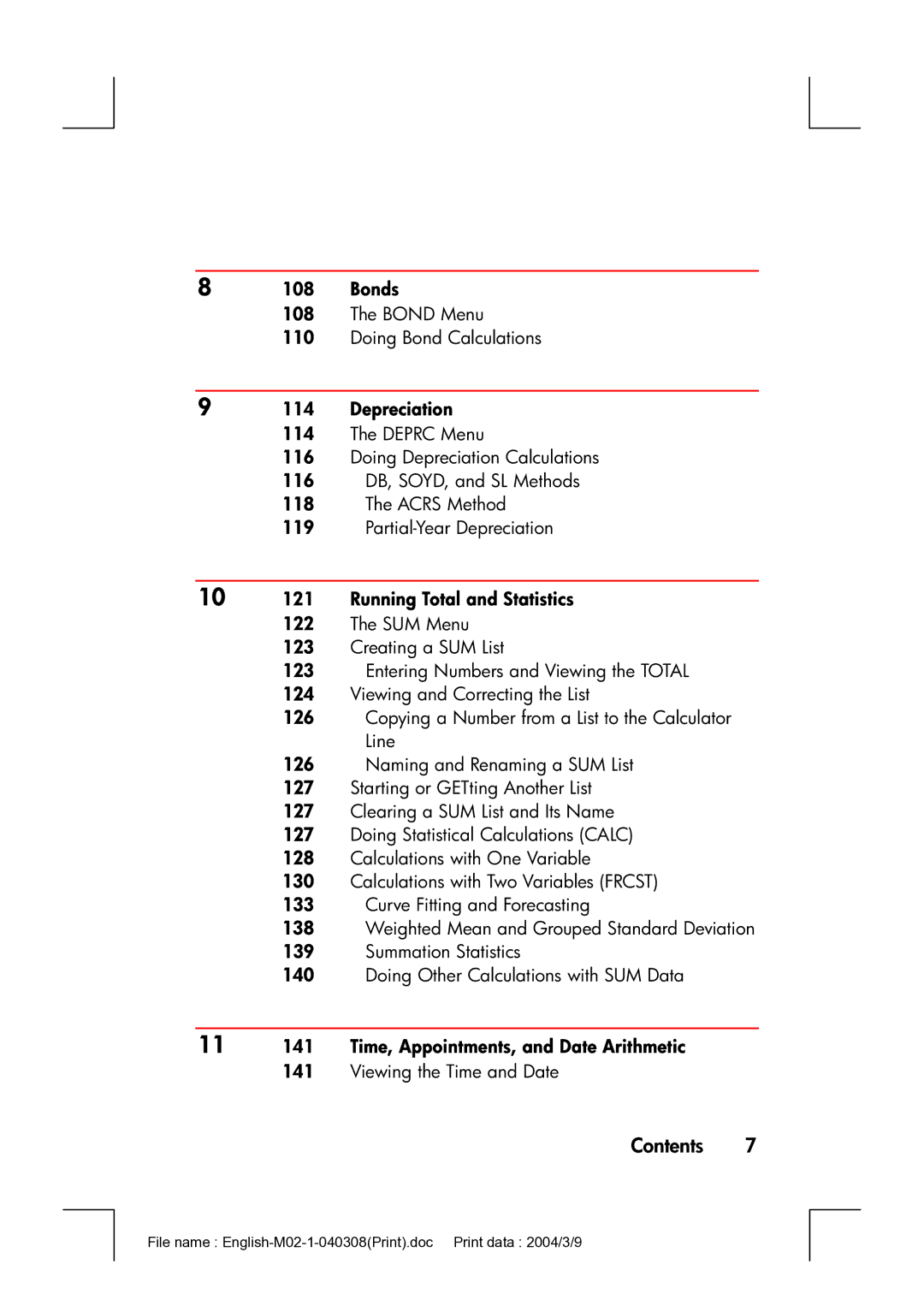 HP 17bII manual Bonds, Depreciation, 10 121 Running Total and Statistics, 11 141 Time, Appointments, and Date Arithmetic 