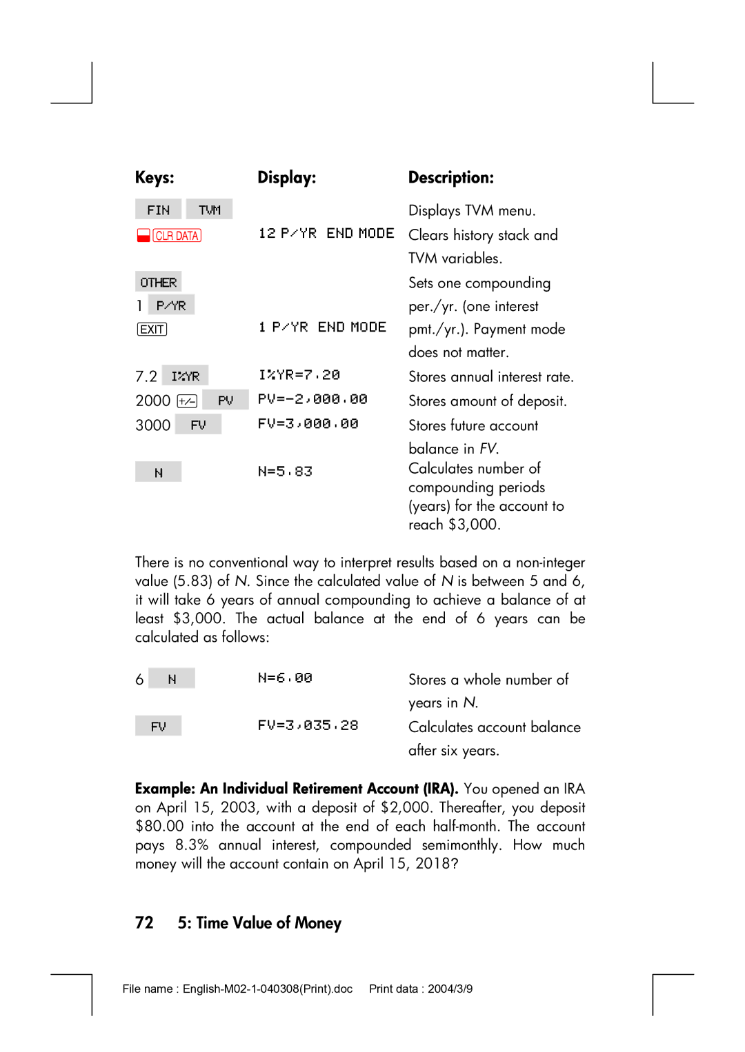 HP 17bII manual 72 5 Time Value of Money 